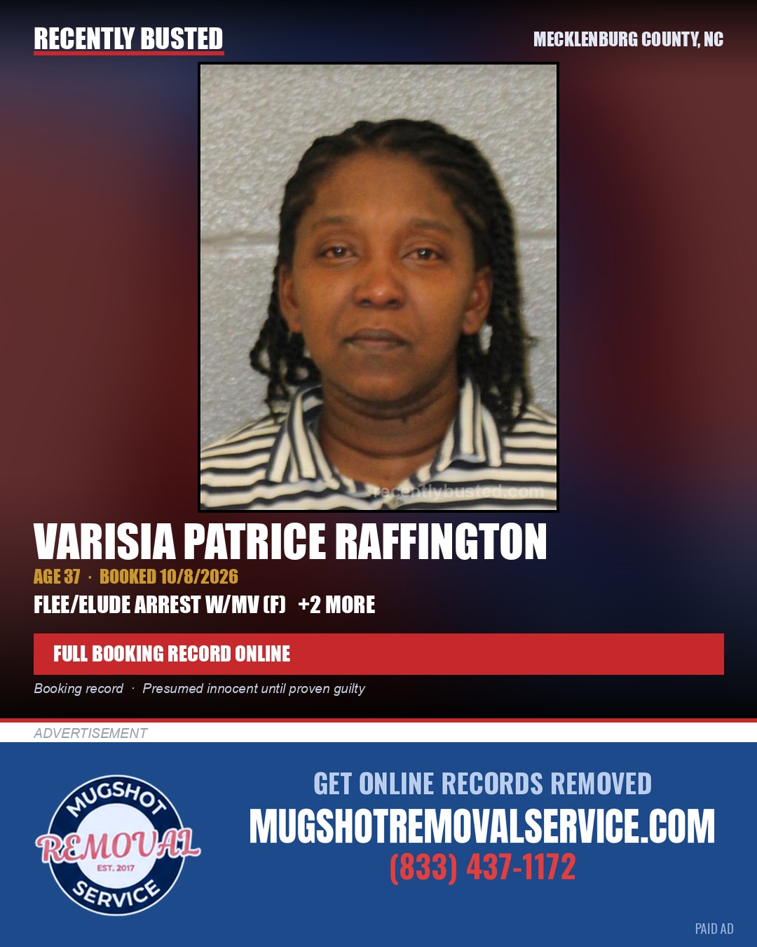 VARISIA PATRICE RAFFINGTON — arrest record card, Mecklenburg County, North Carolina