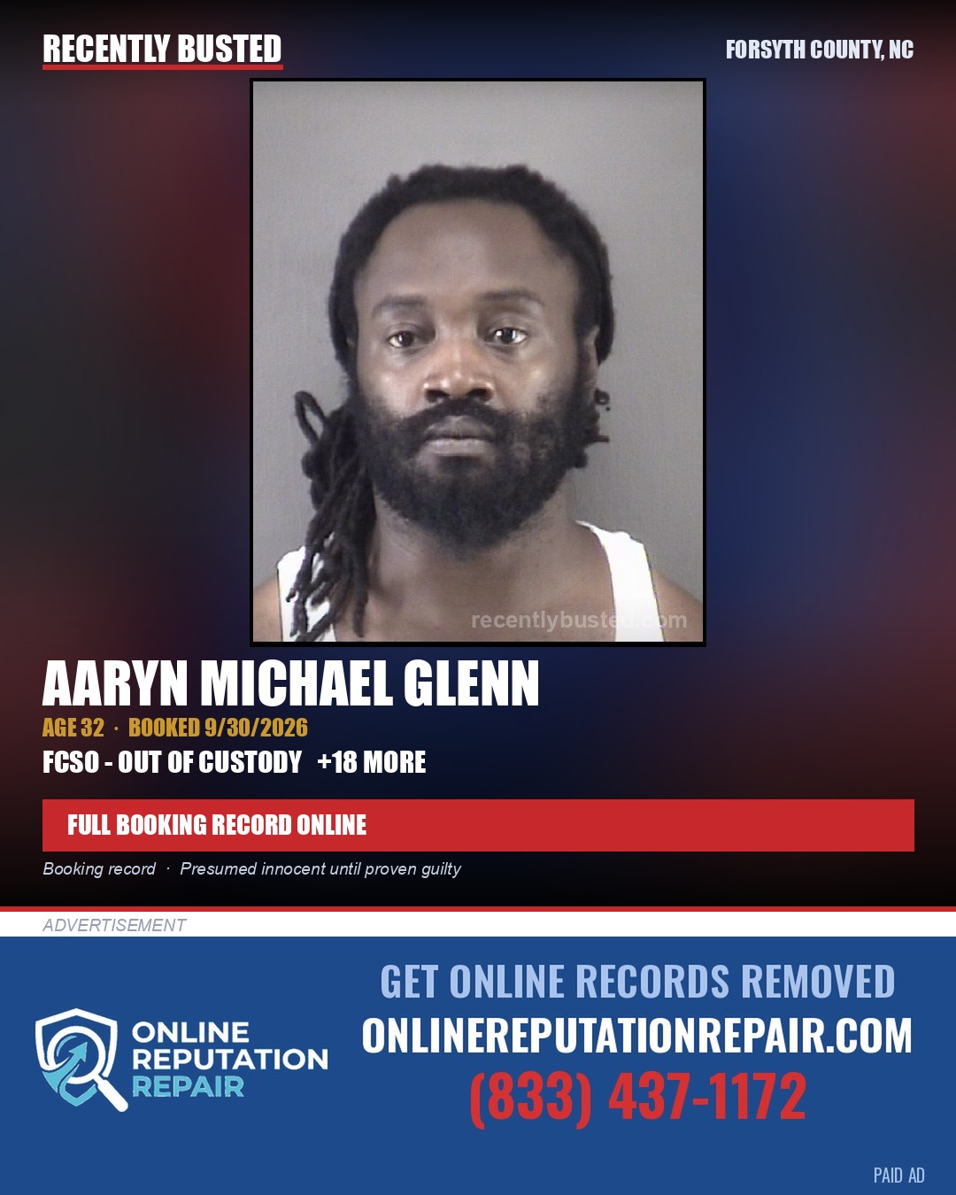 AARYN MICHAEL GLENN — arrest record card, Forsyth County, North Carolina