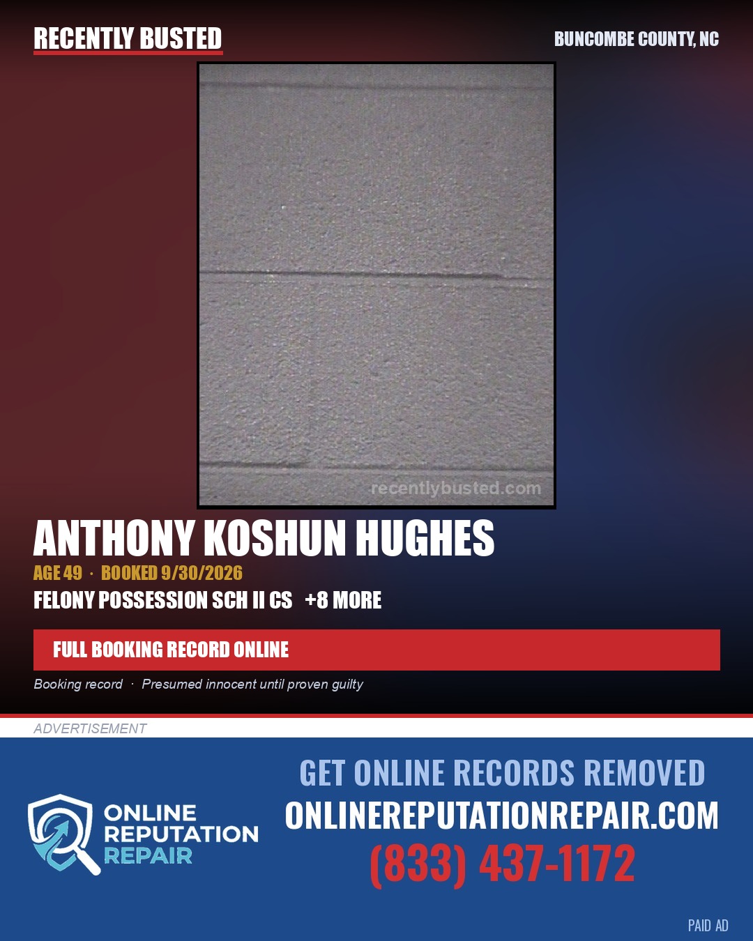 ANTHONY KOSHUN HUGHES — arrest record card, Buncombe County, North Carolina