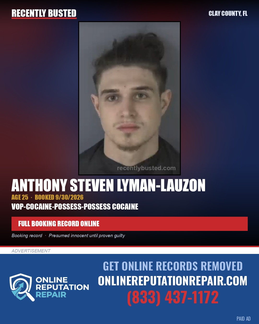 ANTHONY STEVEN LYMAN-LAUZON — arrest record card, Clay County, Florida