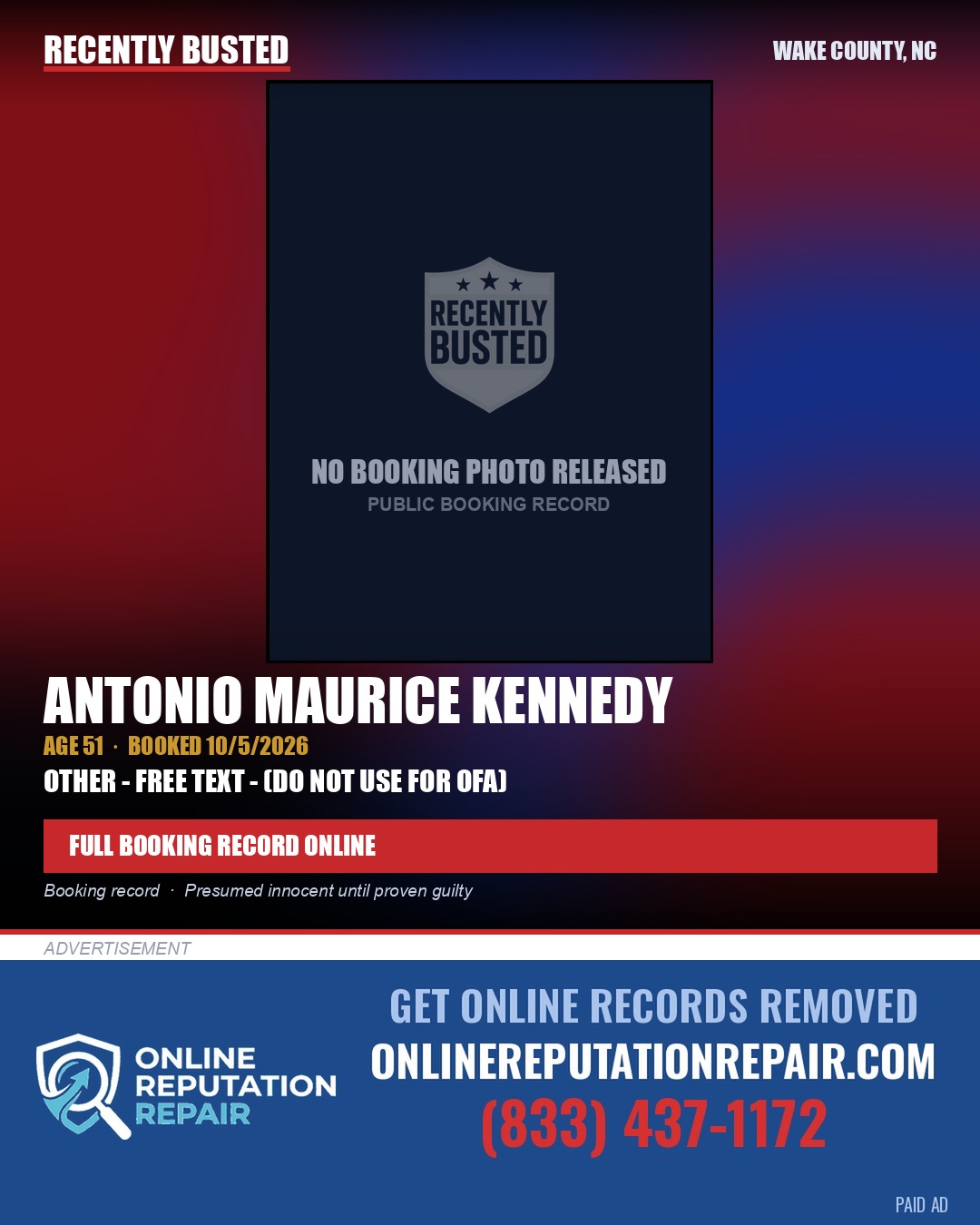 ANTONIO MAURICE KENNEDY — arrest record card, Wake County, North Carolina