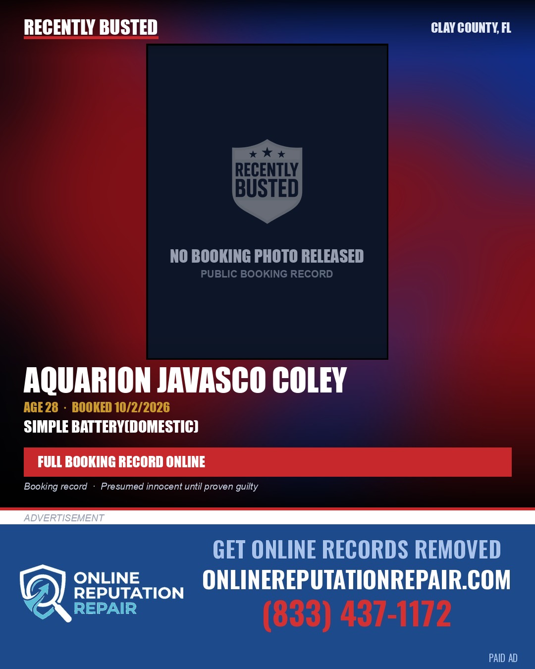 AQUARION JAVASCO COLEY — arrest record card, Clay County, Florida