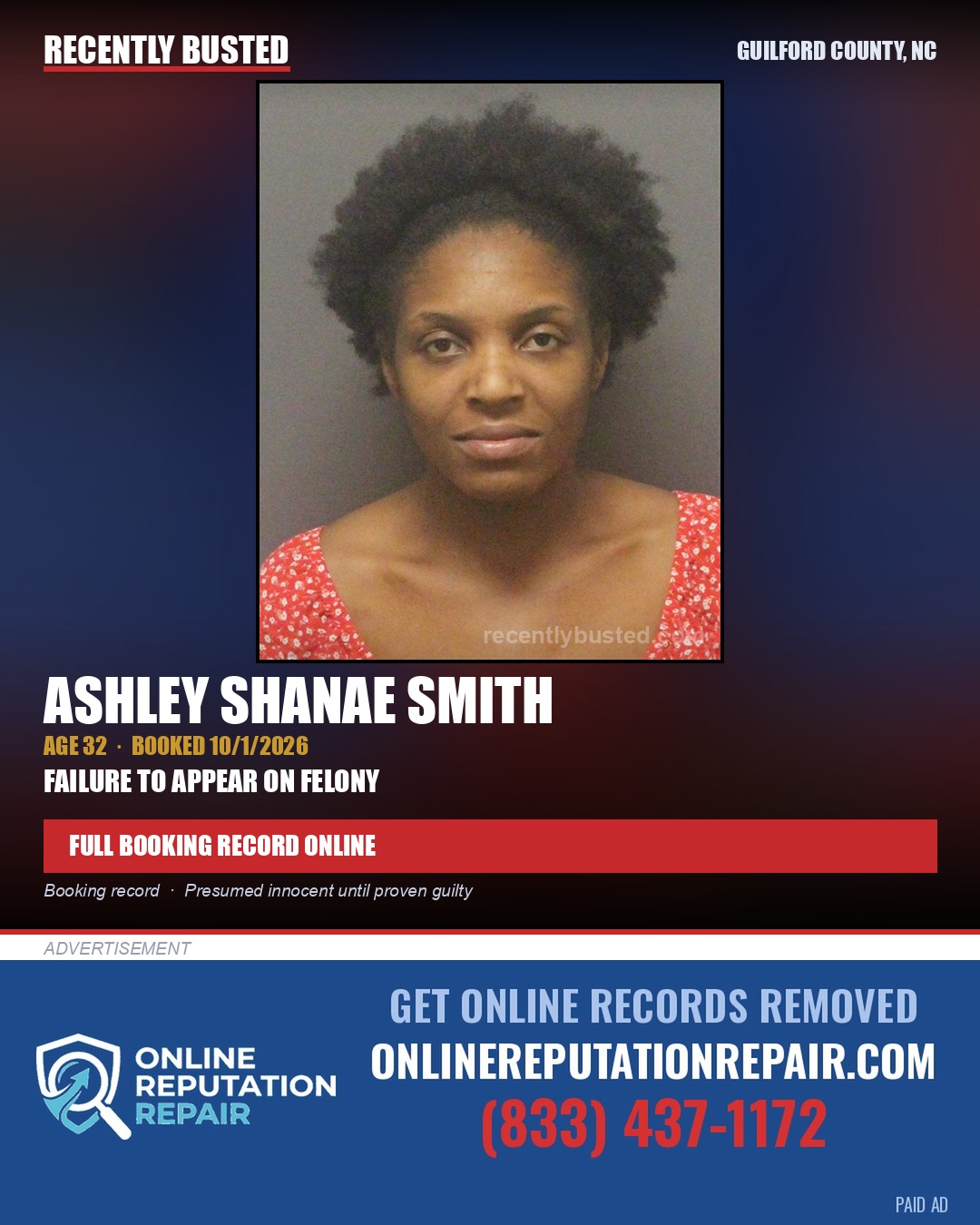 ASHLEY SHANAE SMITH — arrest record card, Guilford County, North Carolina