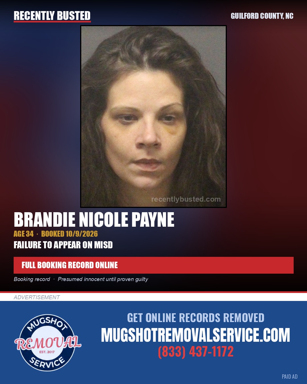 BRANDIE NICOLE PAYNE — arrest record card, Guilford County, North Carolina