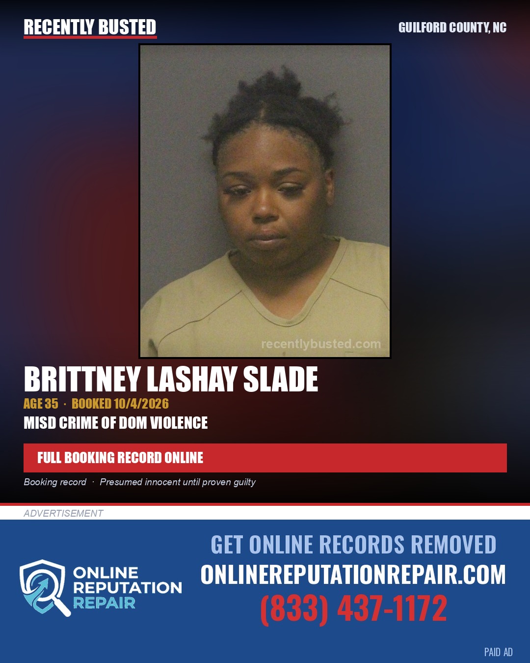 BRITTNEY LASHAY SLADE — arrest record card, Guilford County, North Carolina