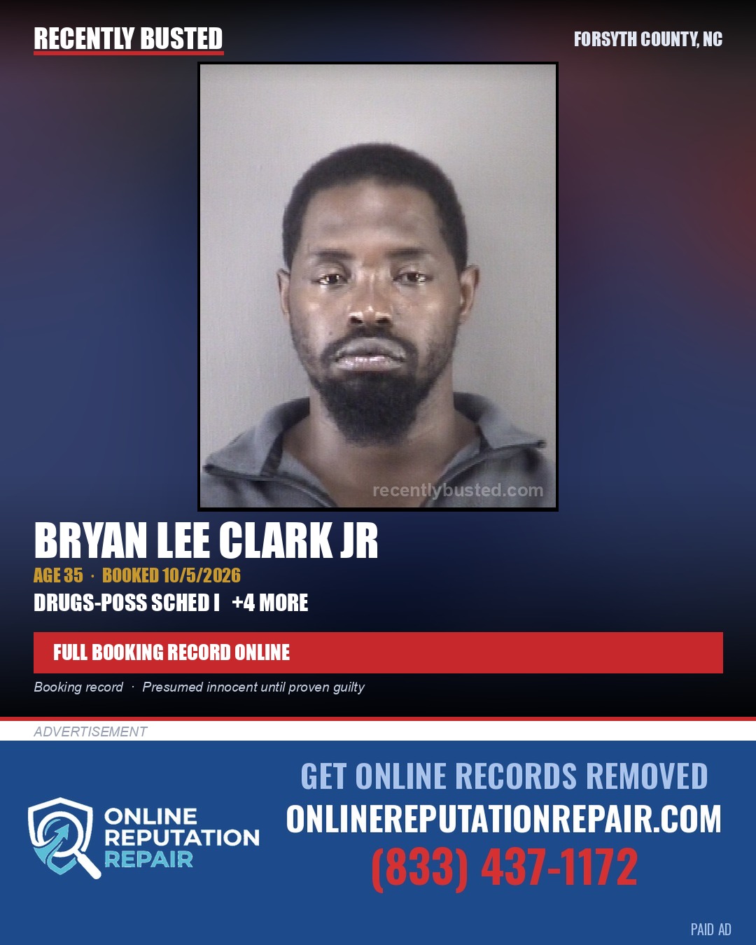 BRYAN LEE CLARK JR — arrest record card, Forsyth County, North Carolina