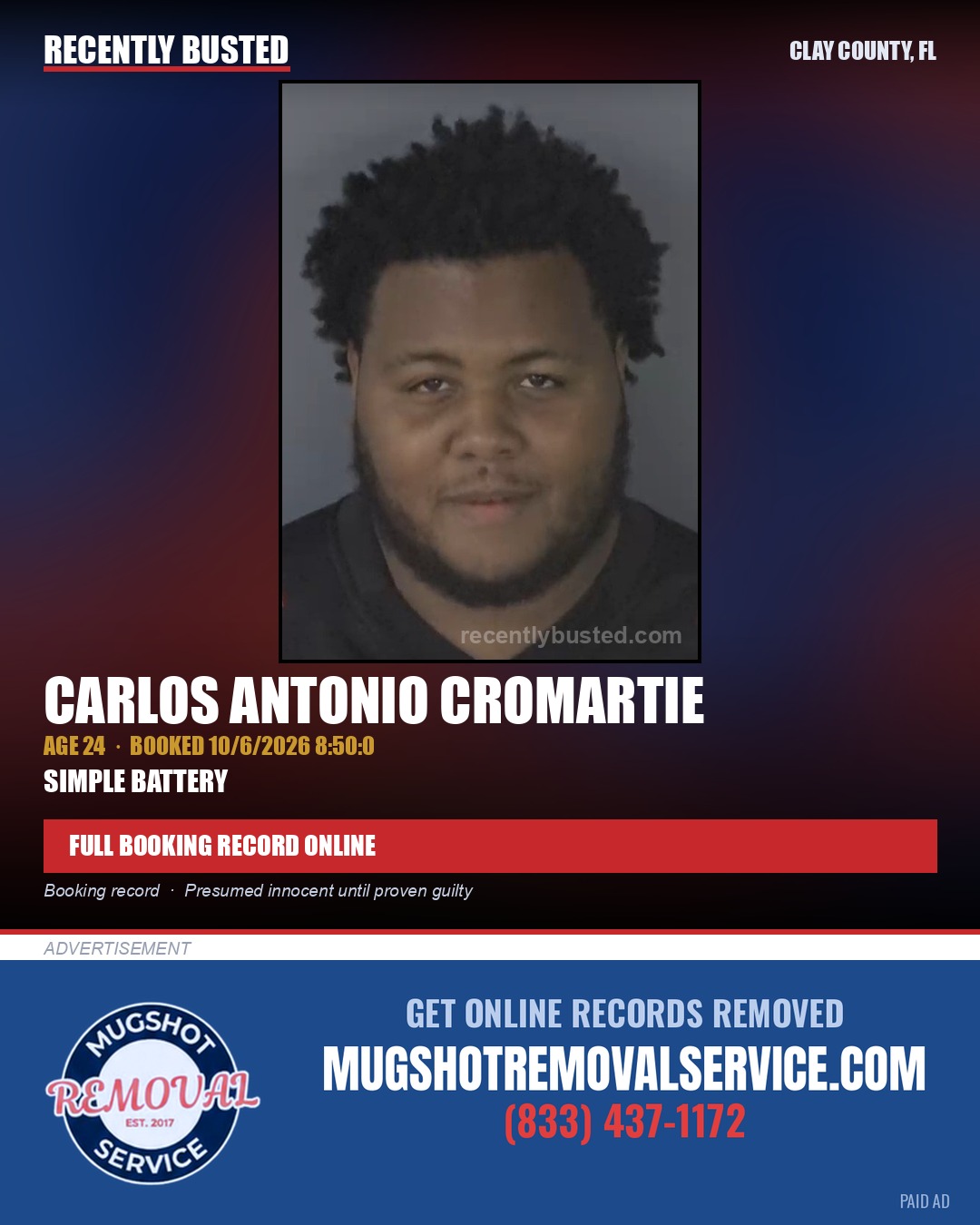 CARLOS ANTONIO CROMARTIE — arrest record card, Clay County, Florida