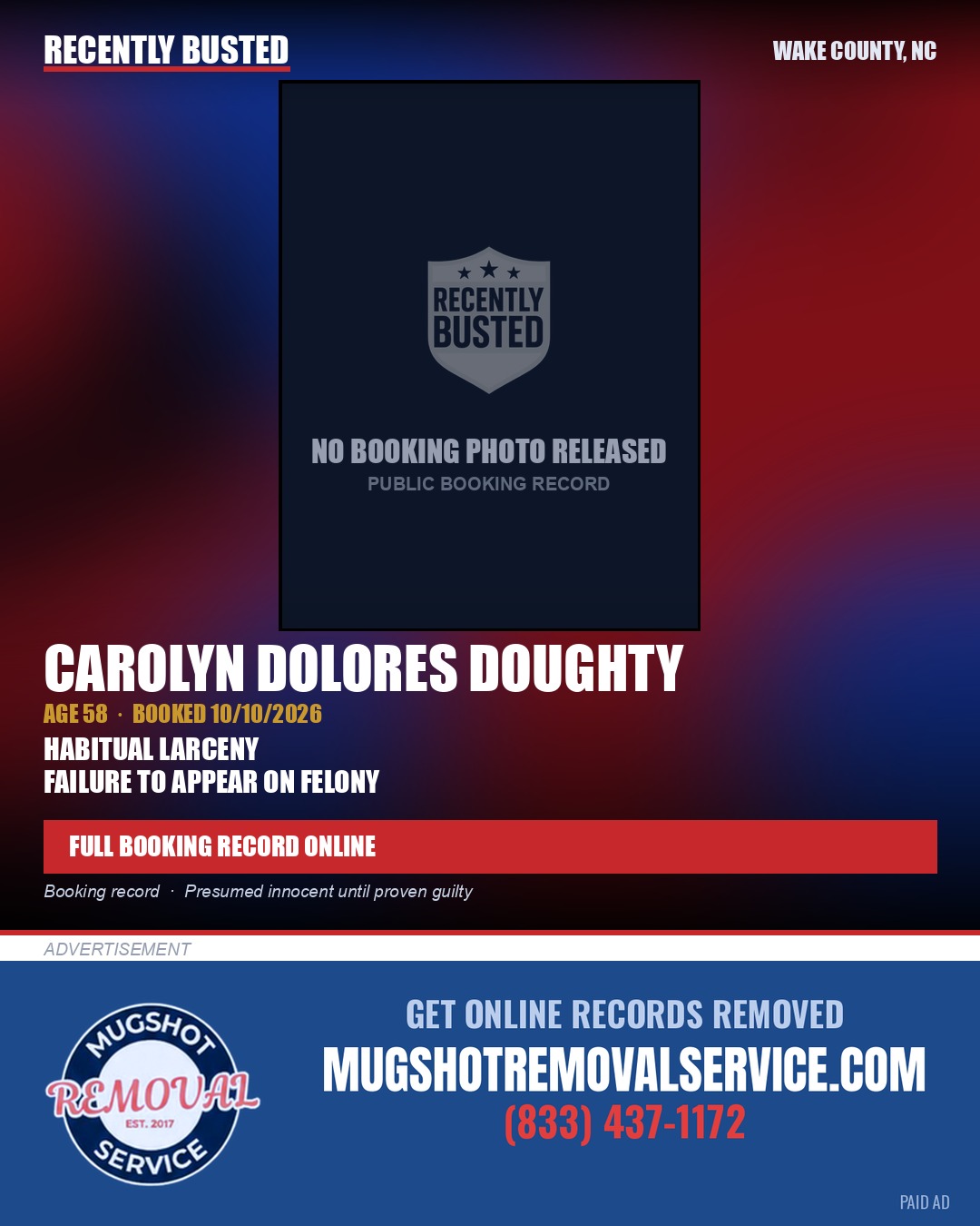 CAROLYN DOLORES DOUGHTY — arrest record card, Wake County, North Carolina