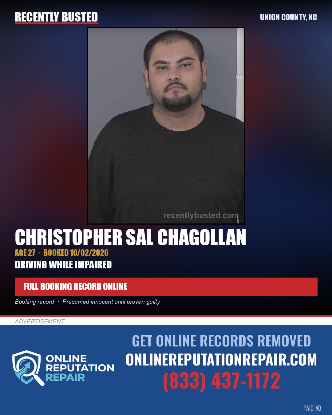 CHAGOLLAN, CHRISTOPHER SAL — arrest record card, Union County, North Carolina