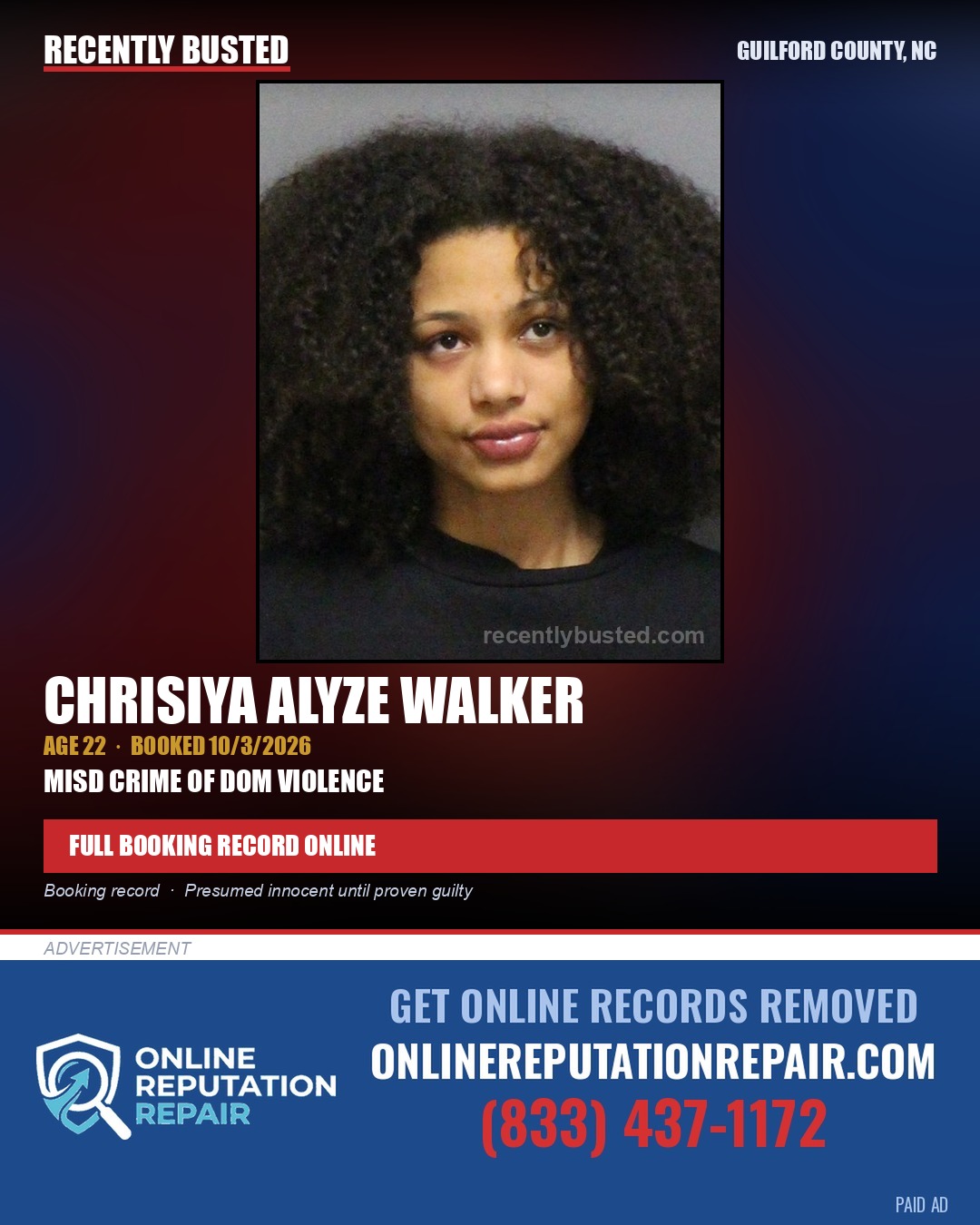 CHRISIYA ALYZE WALKER — arrest record card, Guilford County, North Carolina