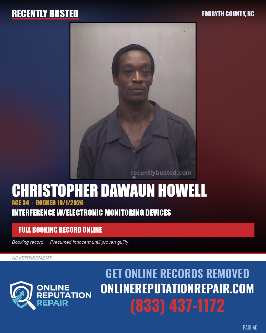 CHRISTOPHER DAWAUN HOWELL — arrest record card, Forsyth County, North Carolina