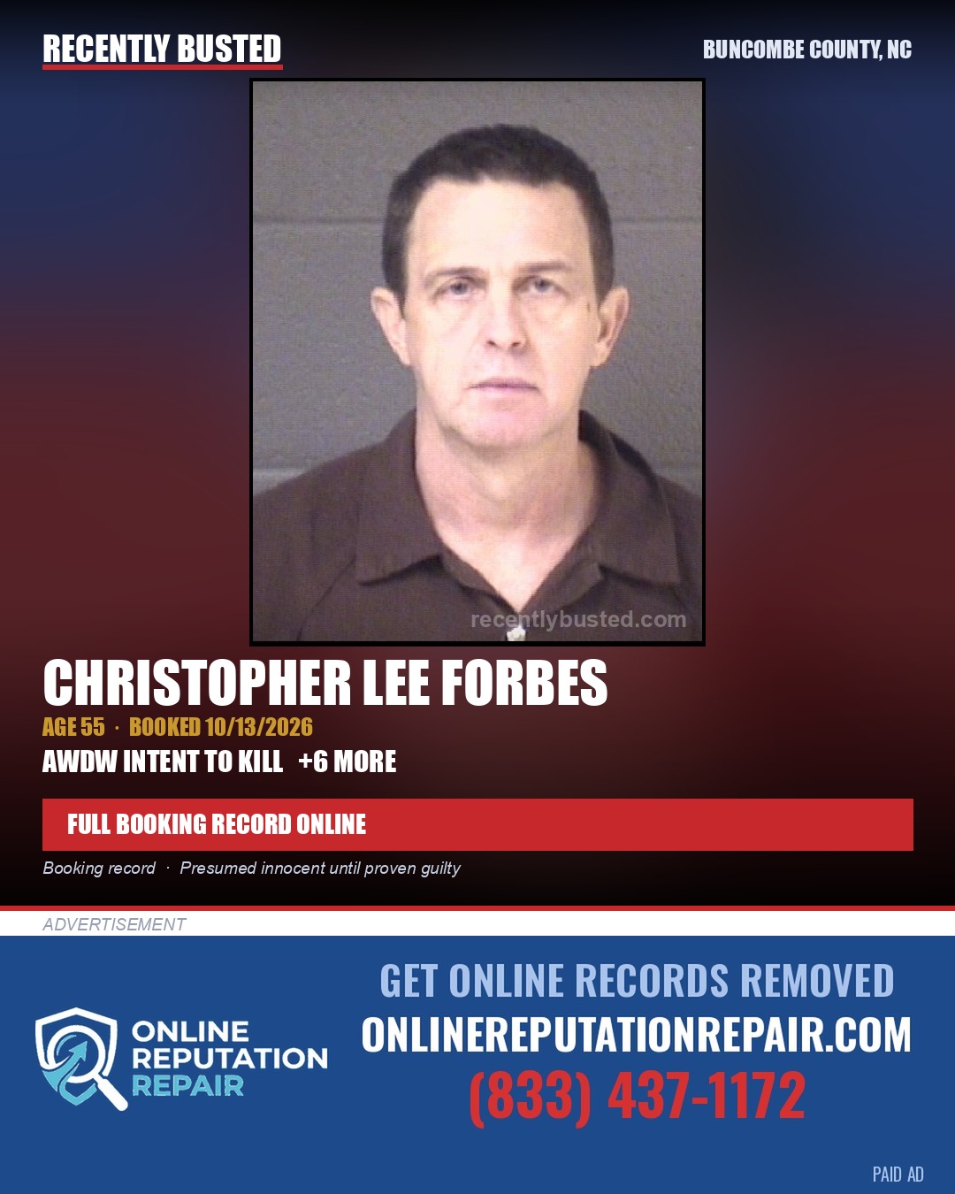 CHRISTOPHER LEE FORBES — arrest record card, Buncombe County, North Carolina