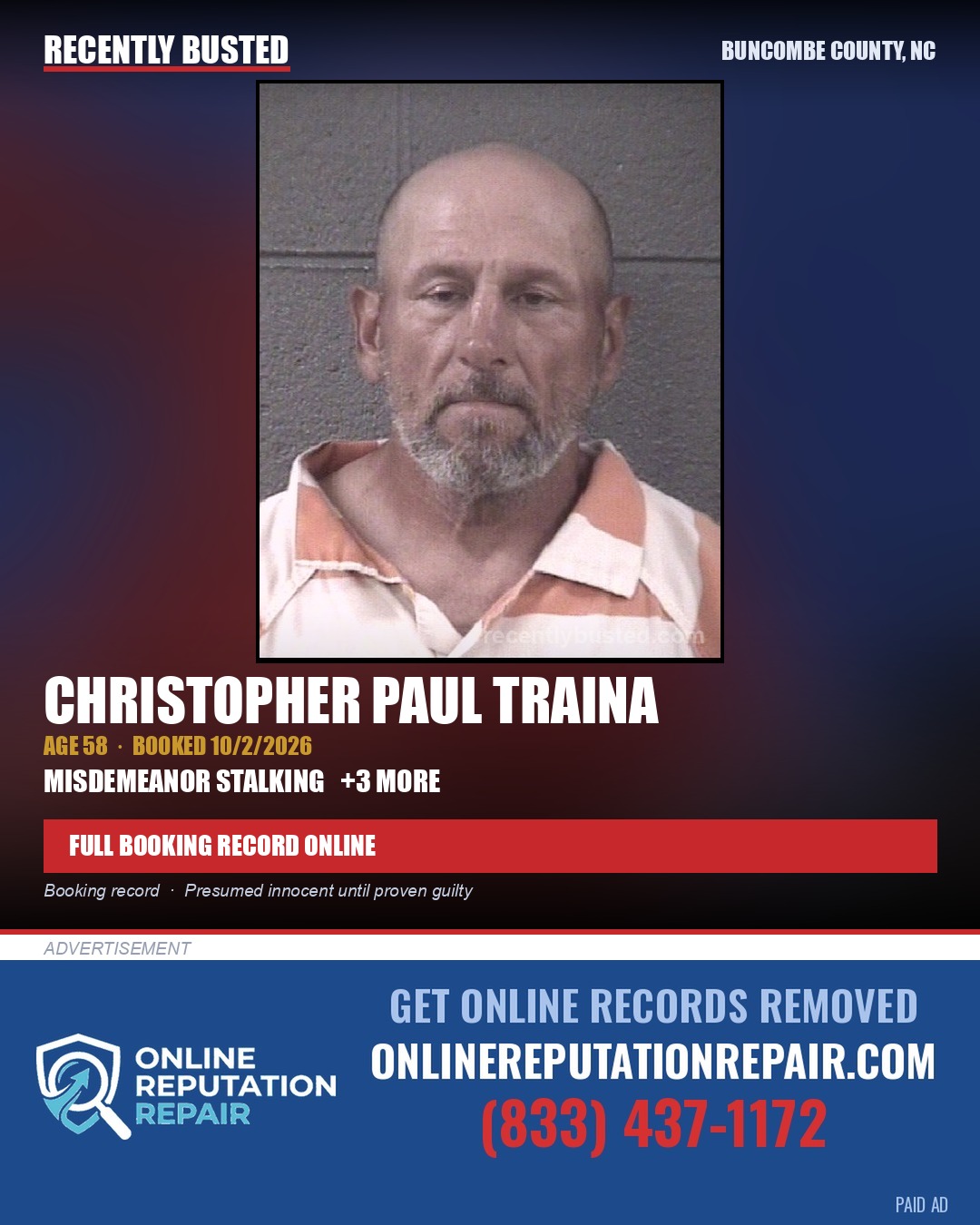 CHRISTOPHER PAUL TRAINA — arrest record card, Buncombe County, North Carolina