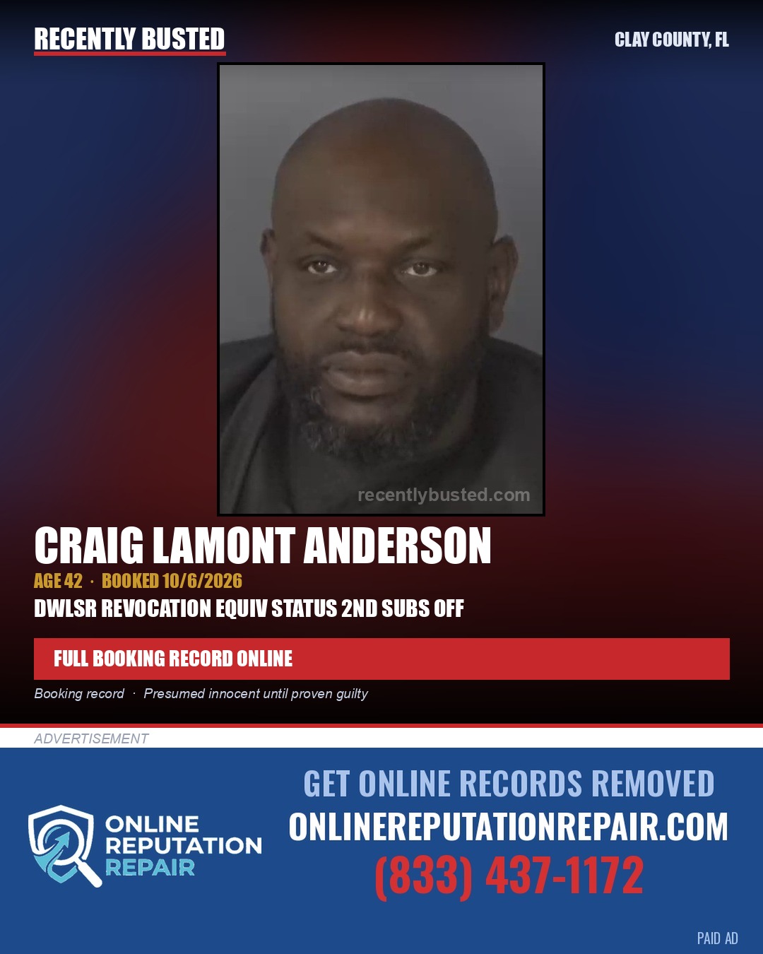 CRAIG LAMONT ANDERSON — arrest record card, Clay County, Florida