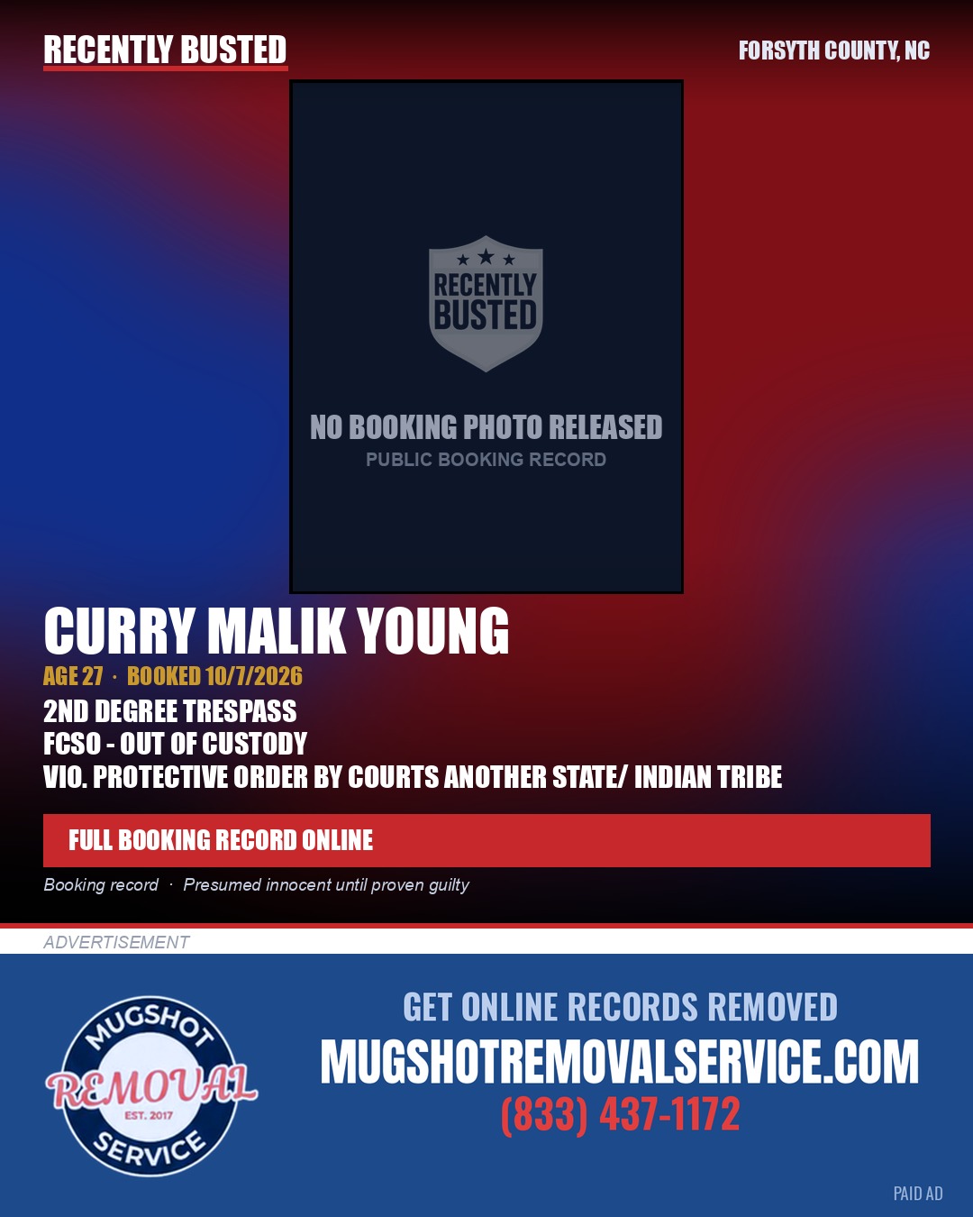 CURRY MALIK YOUNG — arrest record card, Forsyth County, North Carolina