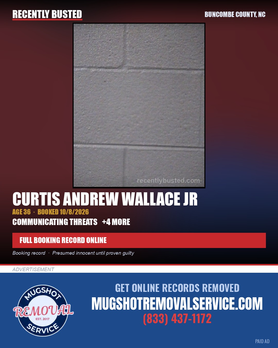 CURTIS ANDREW WALLACE JR — arrest record card, Buncombe County, North Carolina