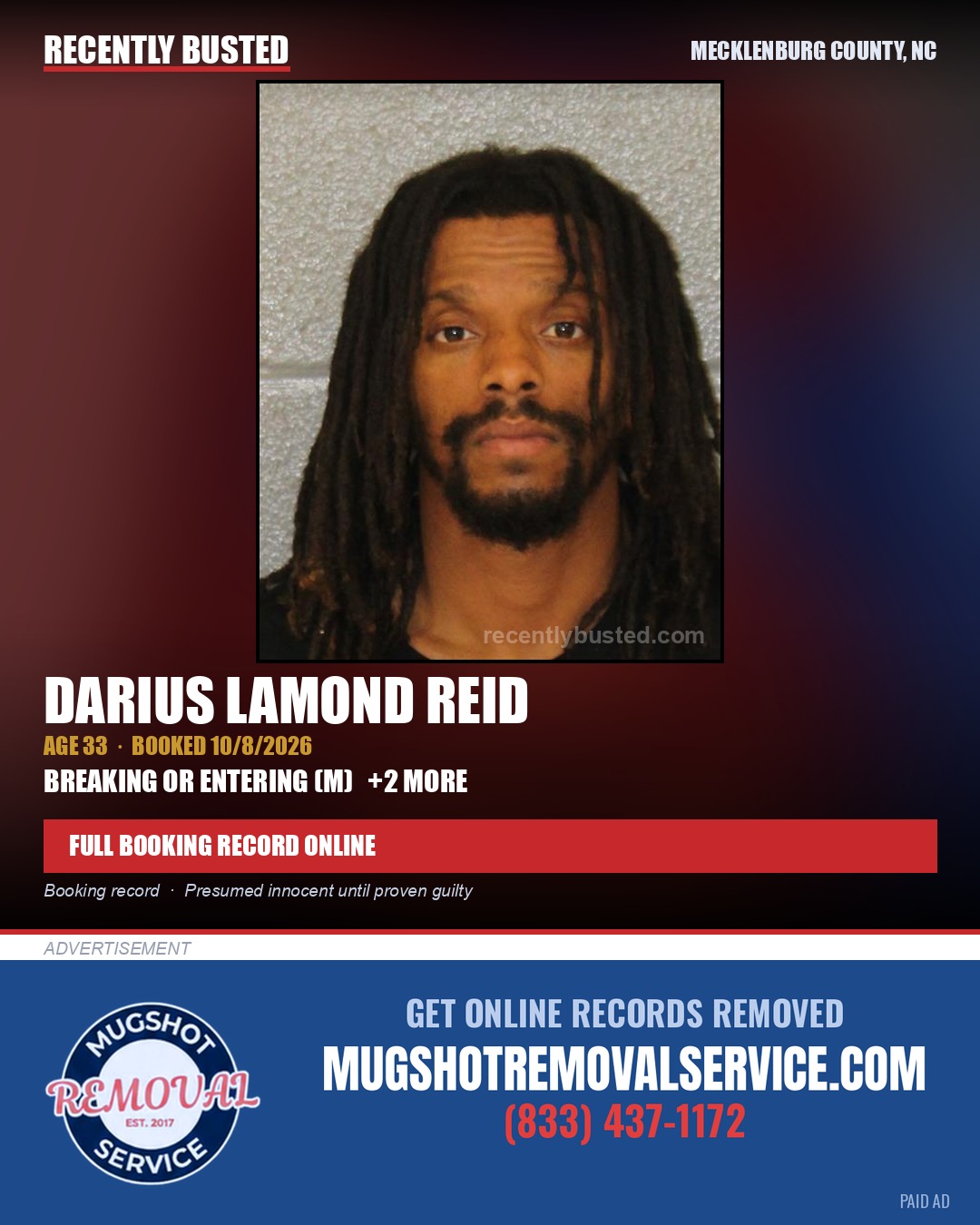 DARIUS LAMOND REID — arrest record card, Mecklenburg County, North Carolina