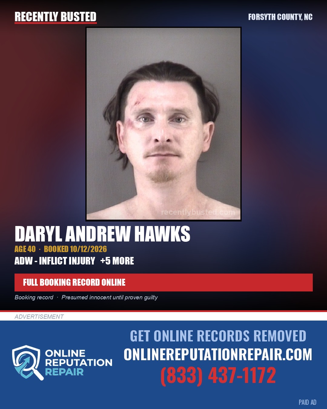 DARYL ANDREW HAWKS — arrest record card, Forsyth County, North Carolina