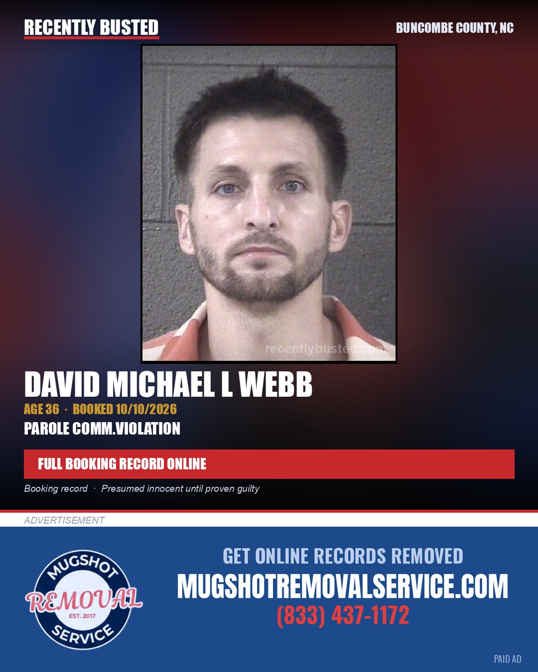 DAVID MICHAEL L WEBB — arrest record card, Buncombe County, North Carolina