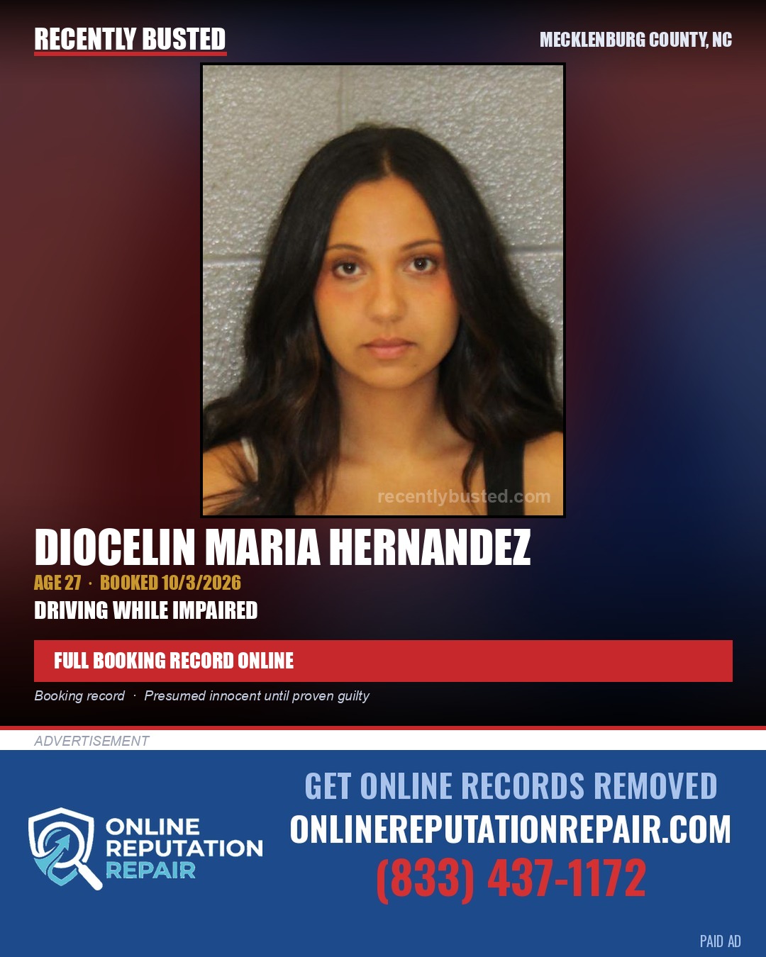 DIOCELIN MARIA HERNANDEZ — arrest record card, Mecklenburg County, North Carolina
