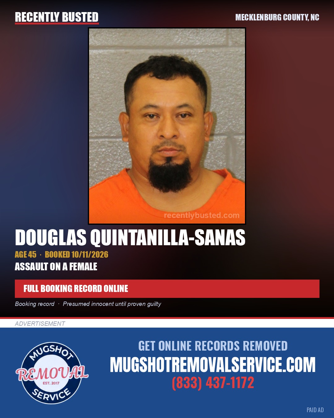 DOUGLAS QUINTANILLA-SANAS — arrest record card, Mecklenburg County, North Carolina