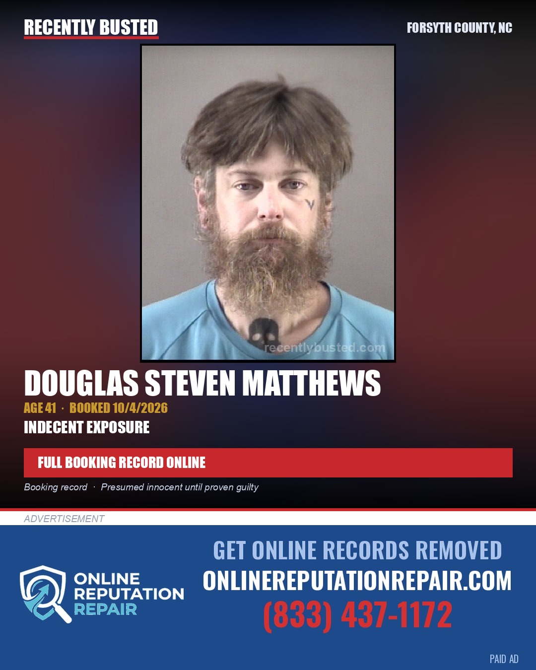 DOUGLAS STEVEN MATTHEWS — arrest record card, Forsyth County, North Carolina