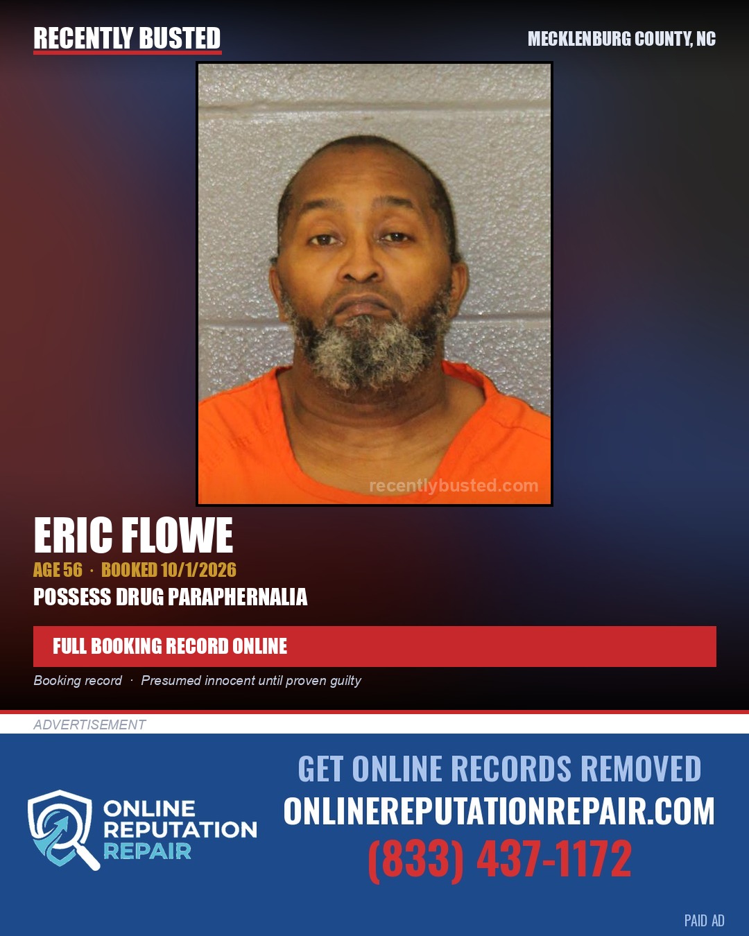 ERIC FLOWE — arrest record card, Mecklenburg County, North Carolina