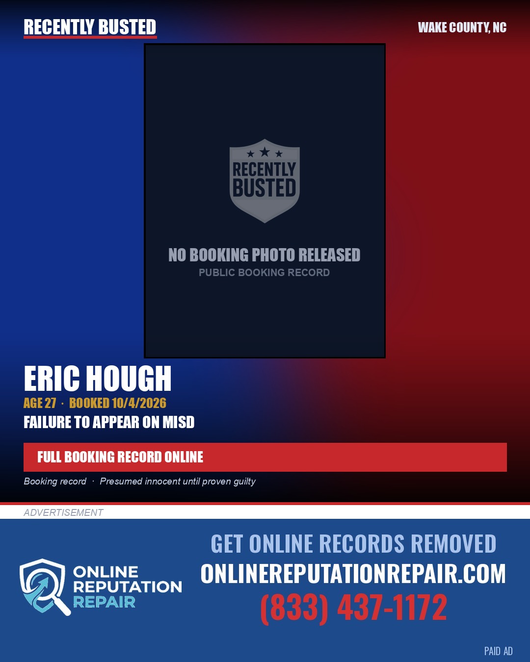 ERIC HOUGH — arrest record card, Wake County, North Carolina
