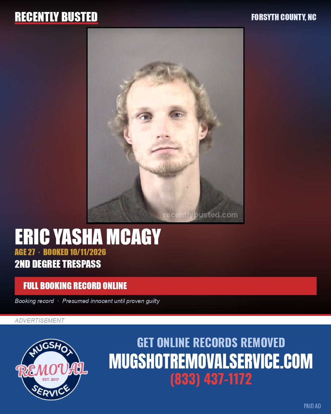 ERIC YASHA MCAGY — arrest record card, Forsyth County, North Carolina