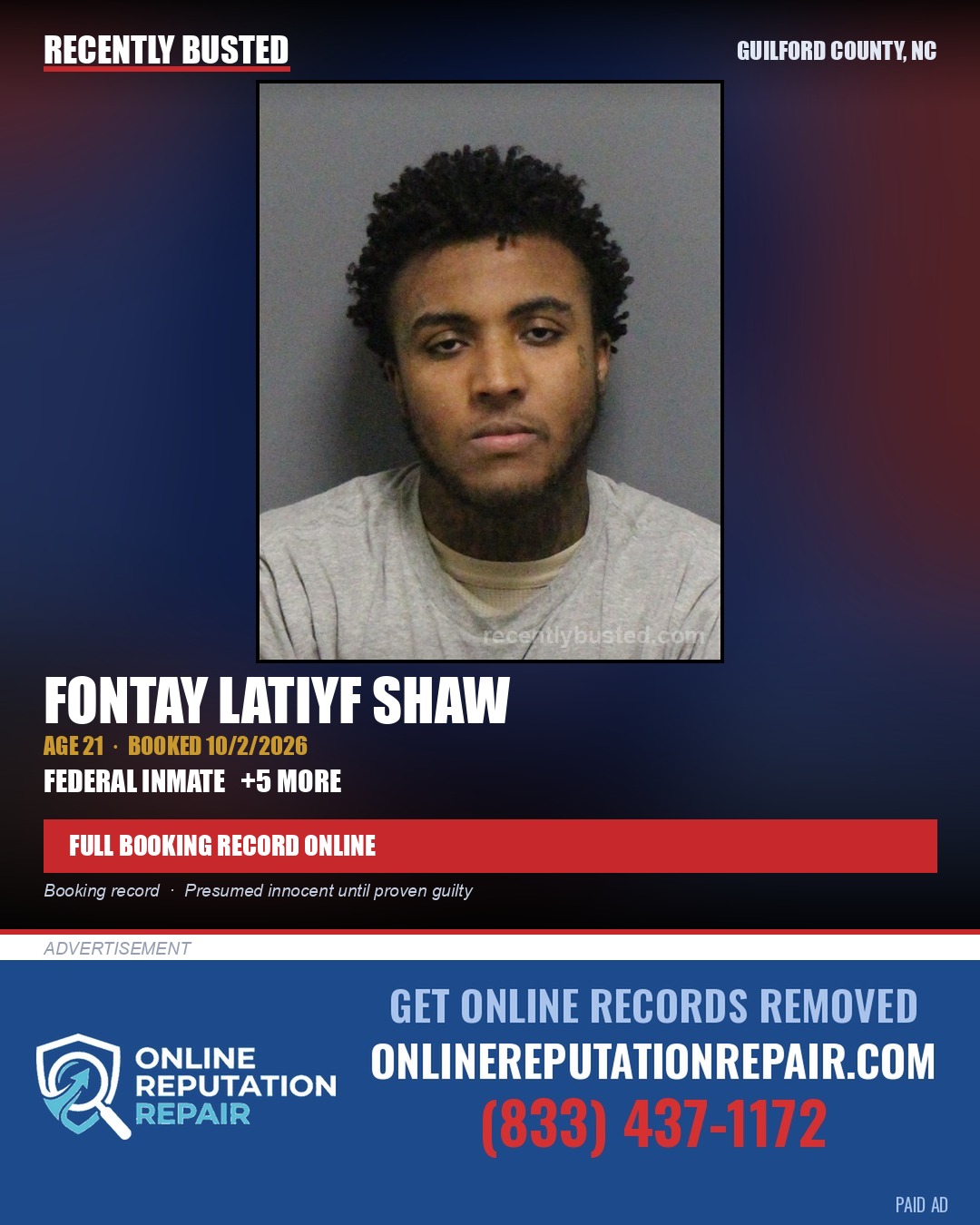 FONTAY LATIYF SHAW — arrest record card, Guilford County, North Carolina