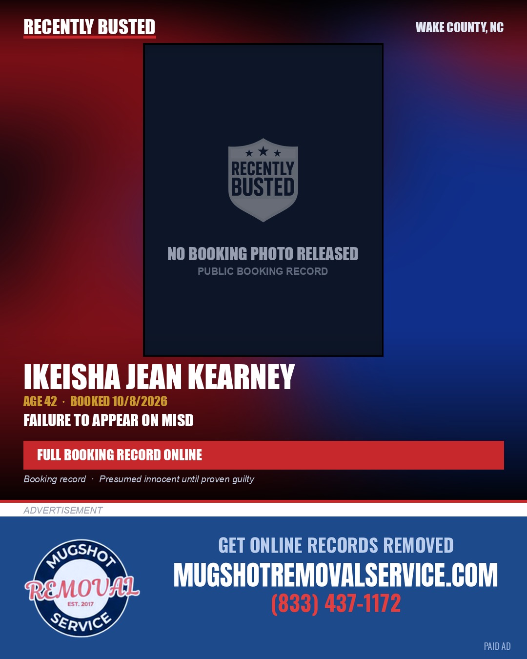 IKEISHA JEAN KEARNEY — arrest record card, Wake County, North Carolina