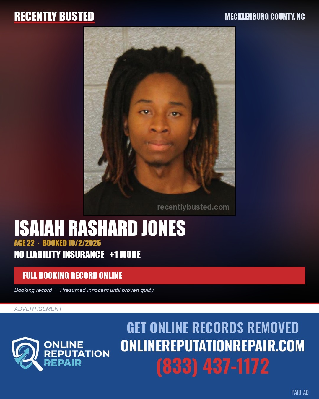 ISAIAH RASHARD JONES — arrest record card, Mecklenburg County, North Carolina