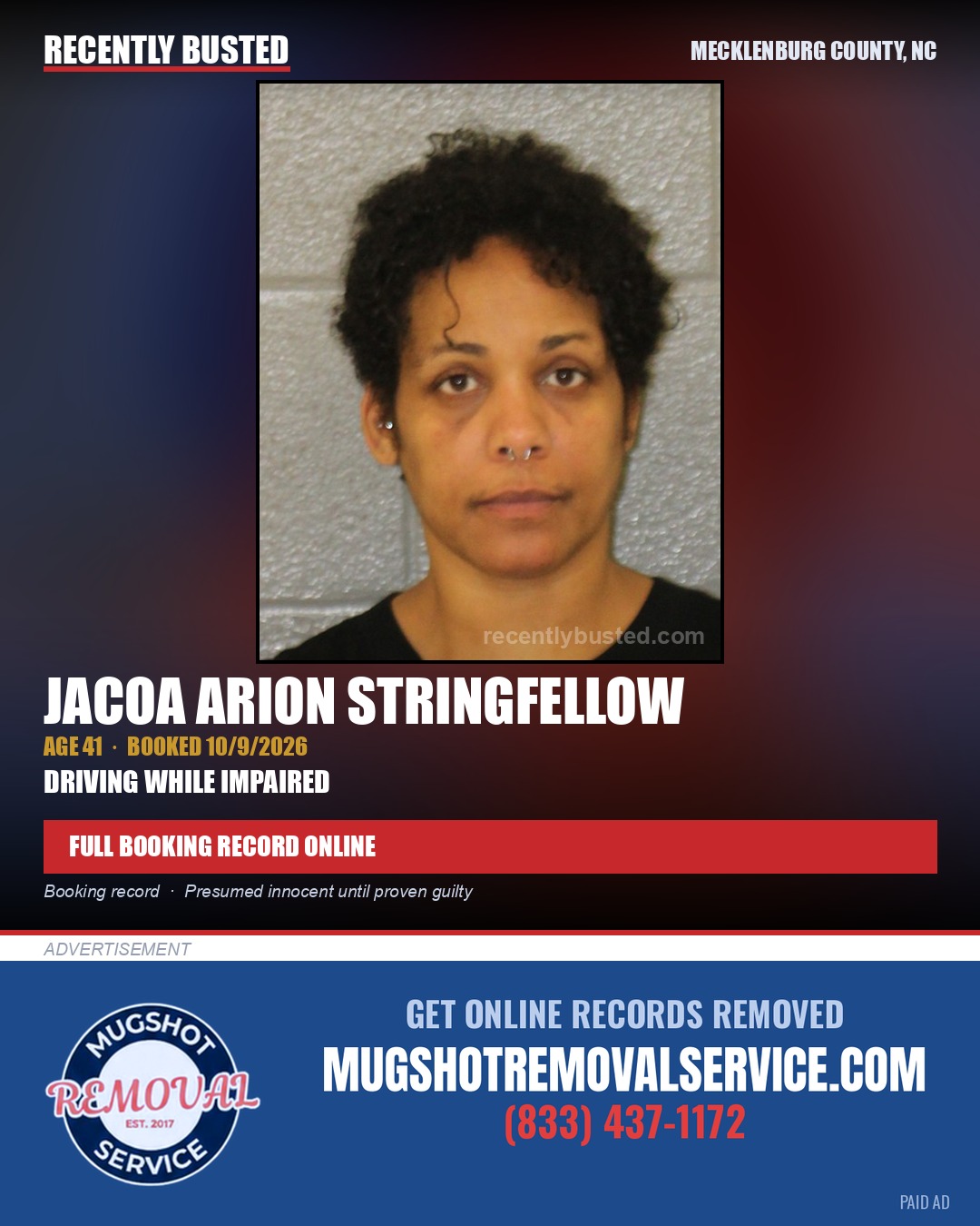 JACOA ARION STRINGFELLOW — arrest record card, Mecklenburg County, North Carolina