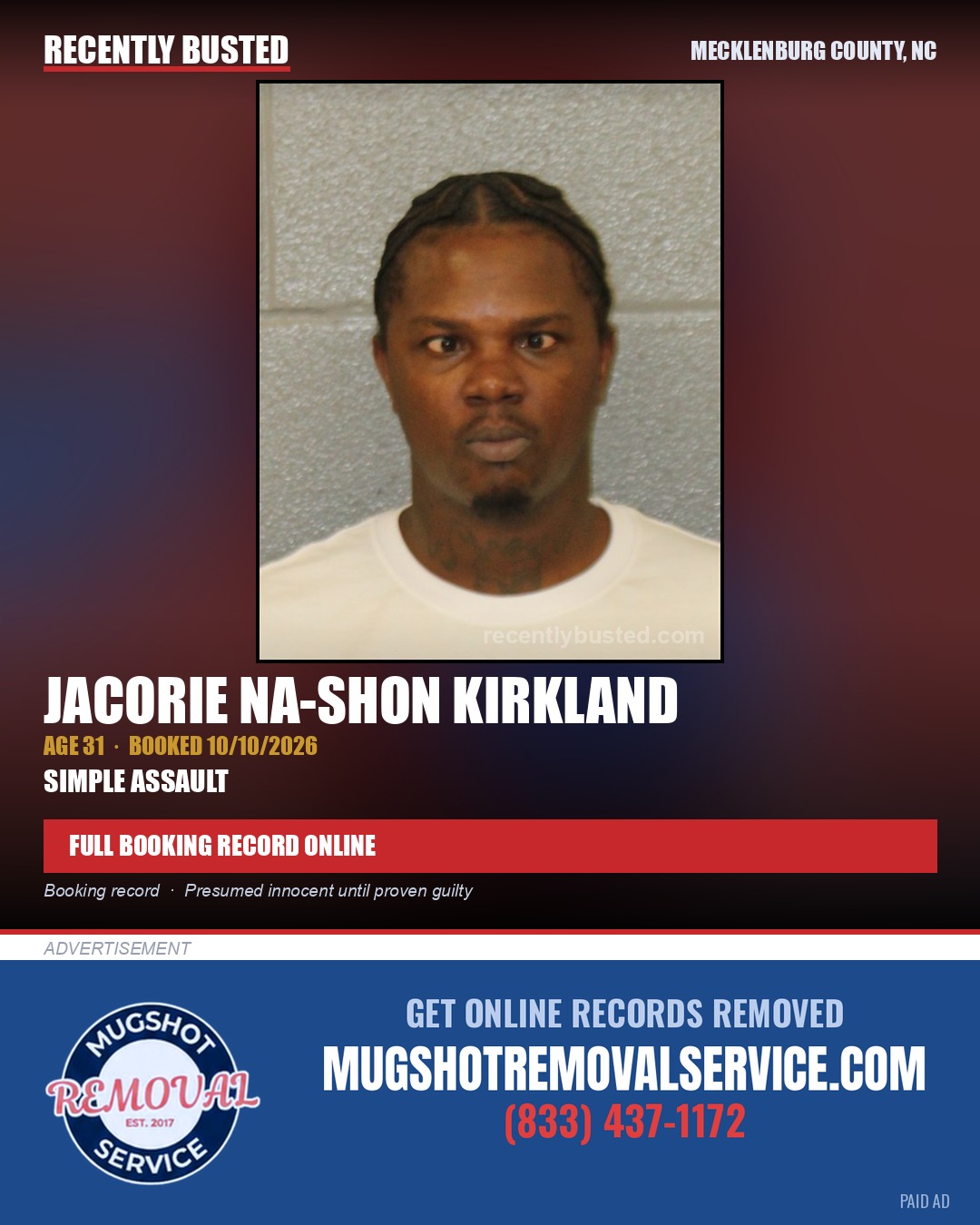 JACORIE NA-SHON KIRKLAND — arrest record card, Mecklenburg County, North Carolina