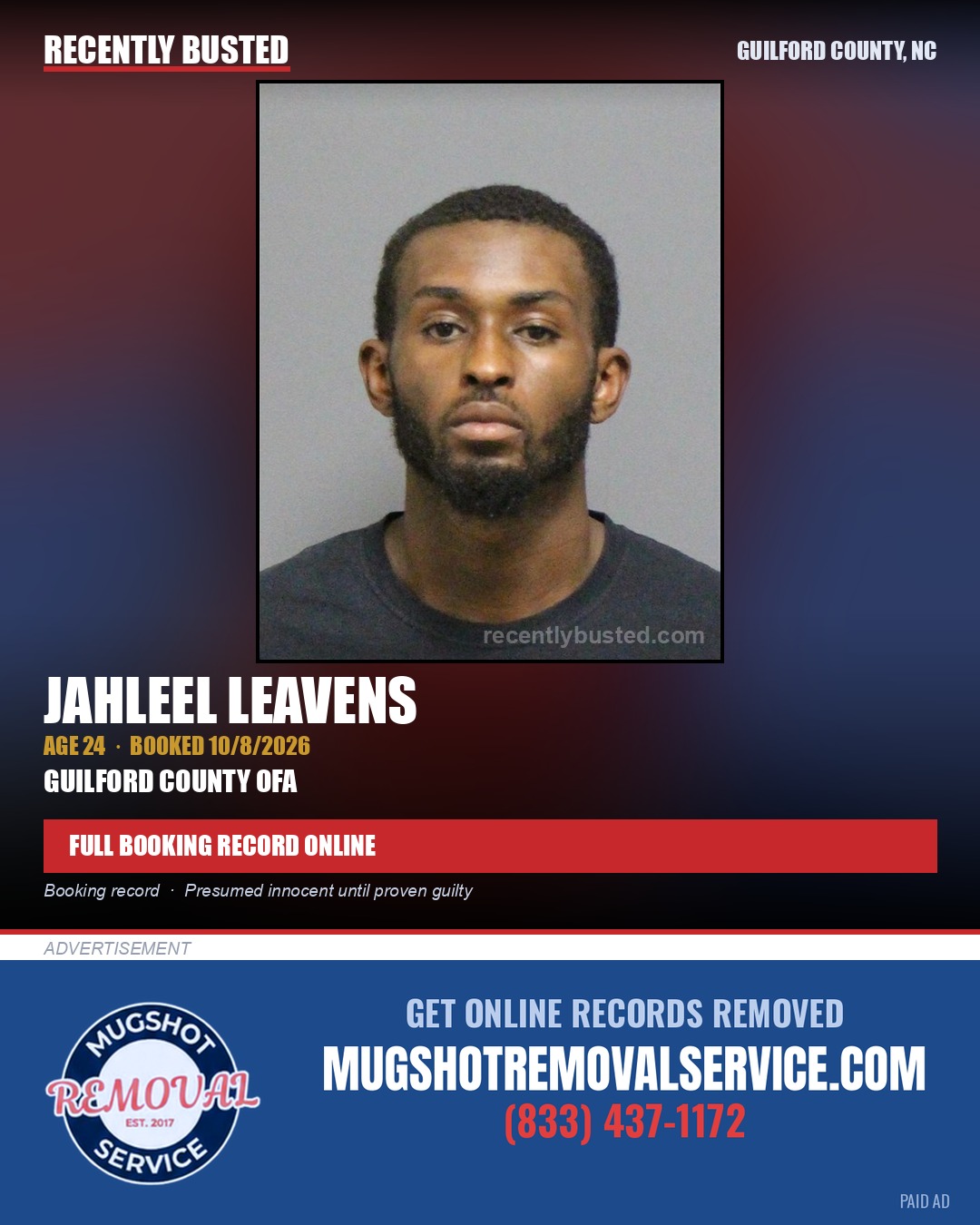 JAHLEEL LEAVENS — arrest record card, Guilford County, North Carolina