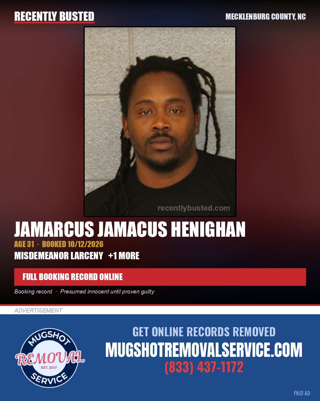 JAMARCUS JAMACUS HENIGHAN — arrest record card, Mecklenburg County, North Carolina
