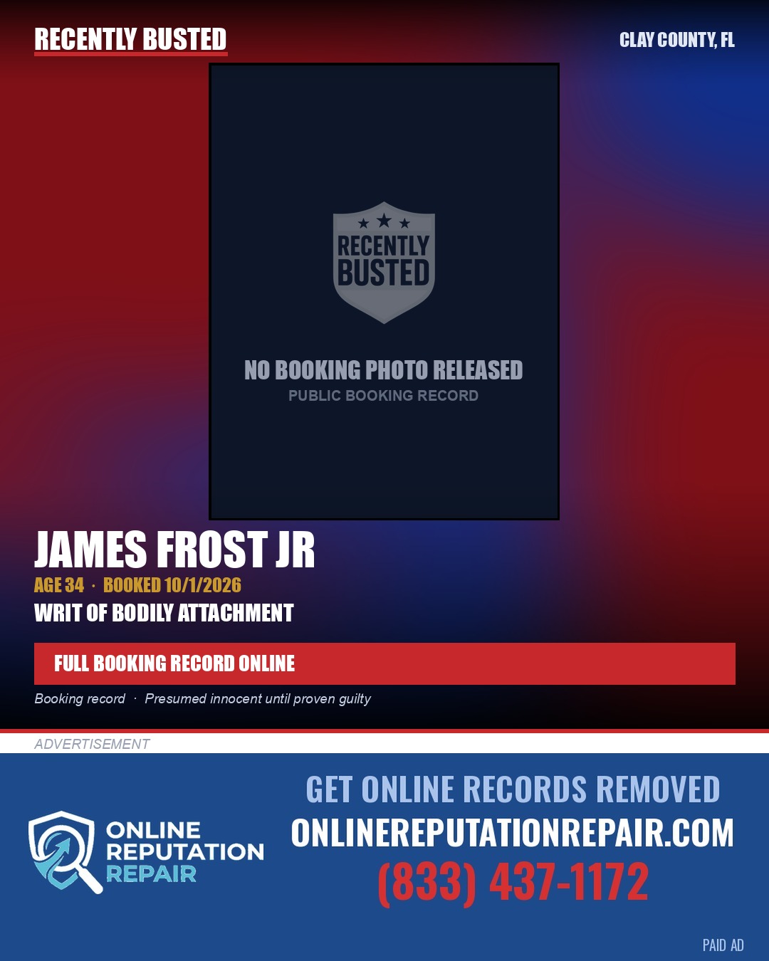 JAMES FROST JR — arrest record card, Clay County, Florida