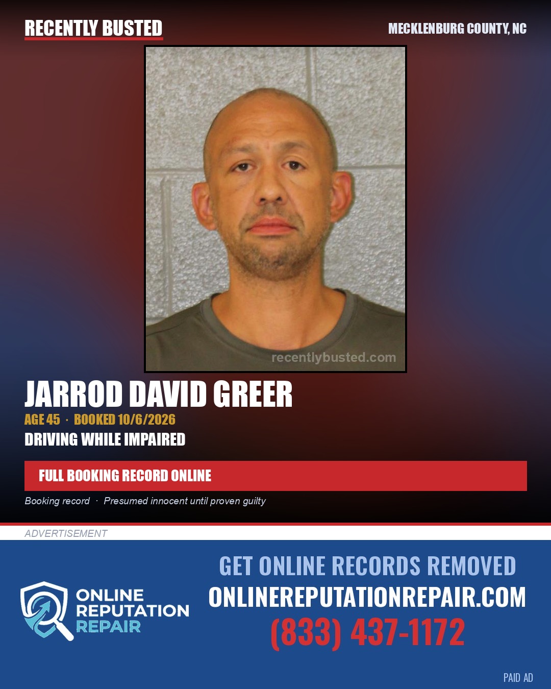 JARROD DAVID GREER — arrest record card, Mecklenburg County, North Carolina