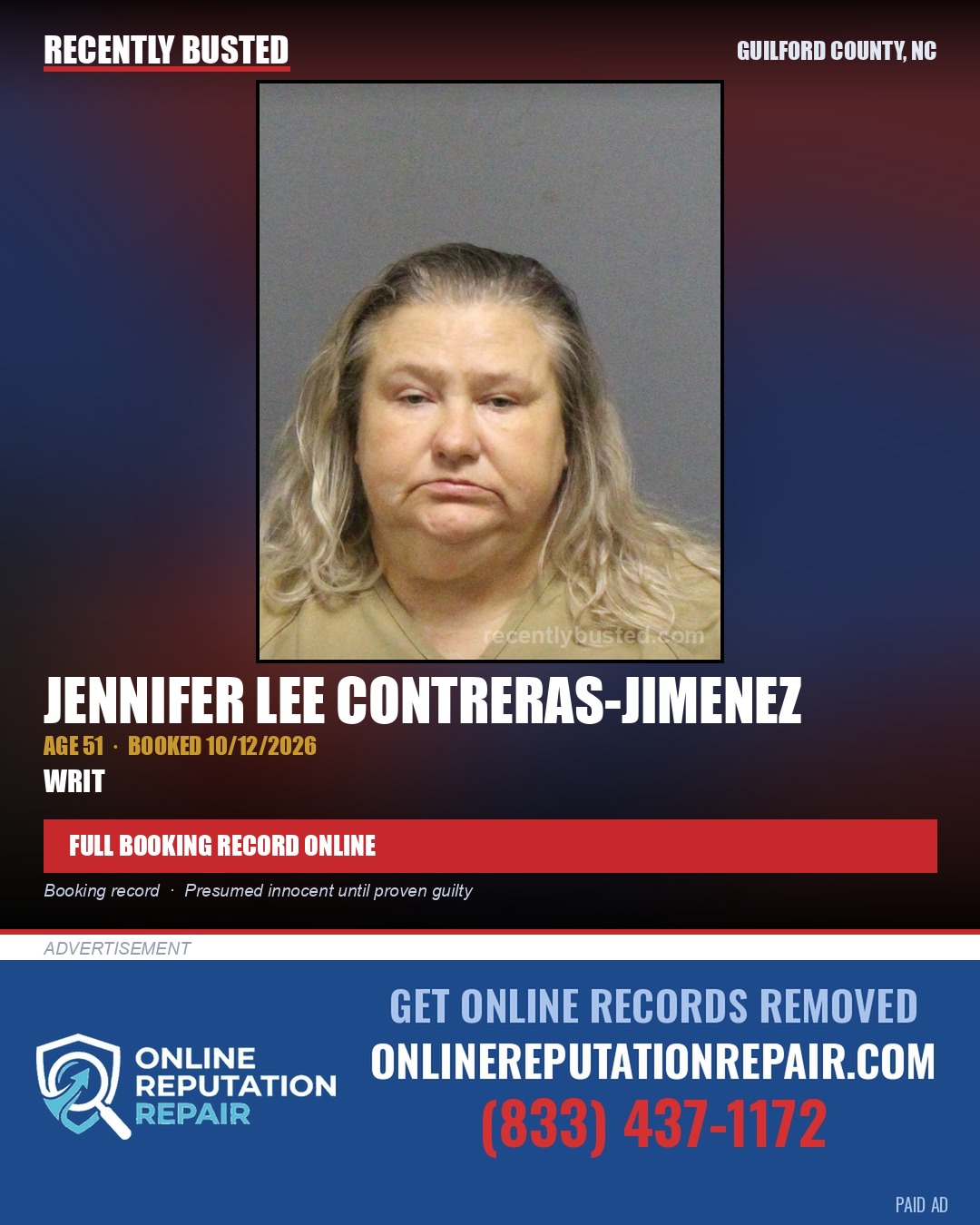 JENNIFER LEE CONTRERAS-JIMENEZ — arrest record card, Guilford County, North Carolina