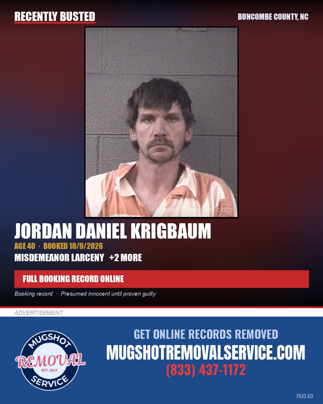 JORDAN DANIEL KRIGBAUM — arrest record card, Buncombe County, North Carolina