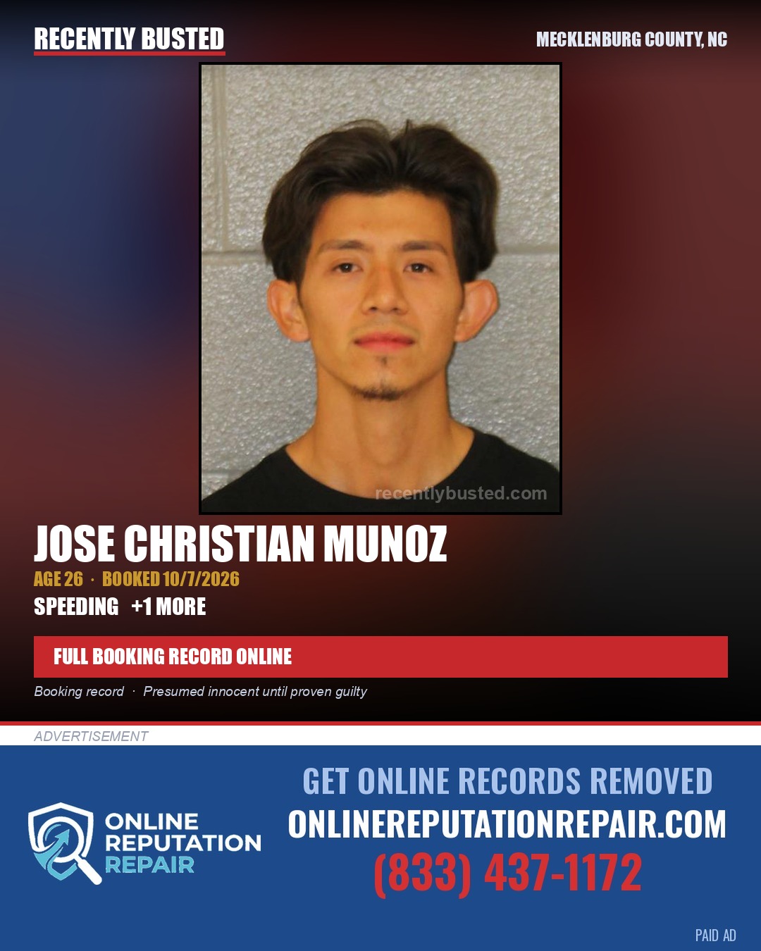 JOSE CHRISTIAN MUNOZ — arrest record card, Mecklenburg County, North Carolina