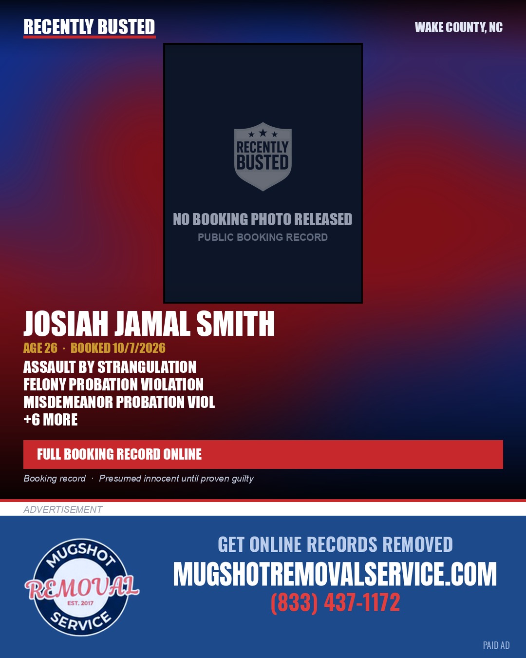 JOSIAH JAMAL SMITH — arrest record card, Wake County, North Carolina