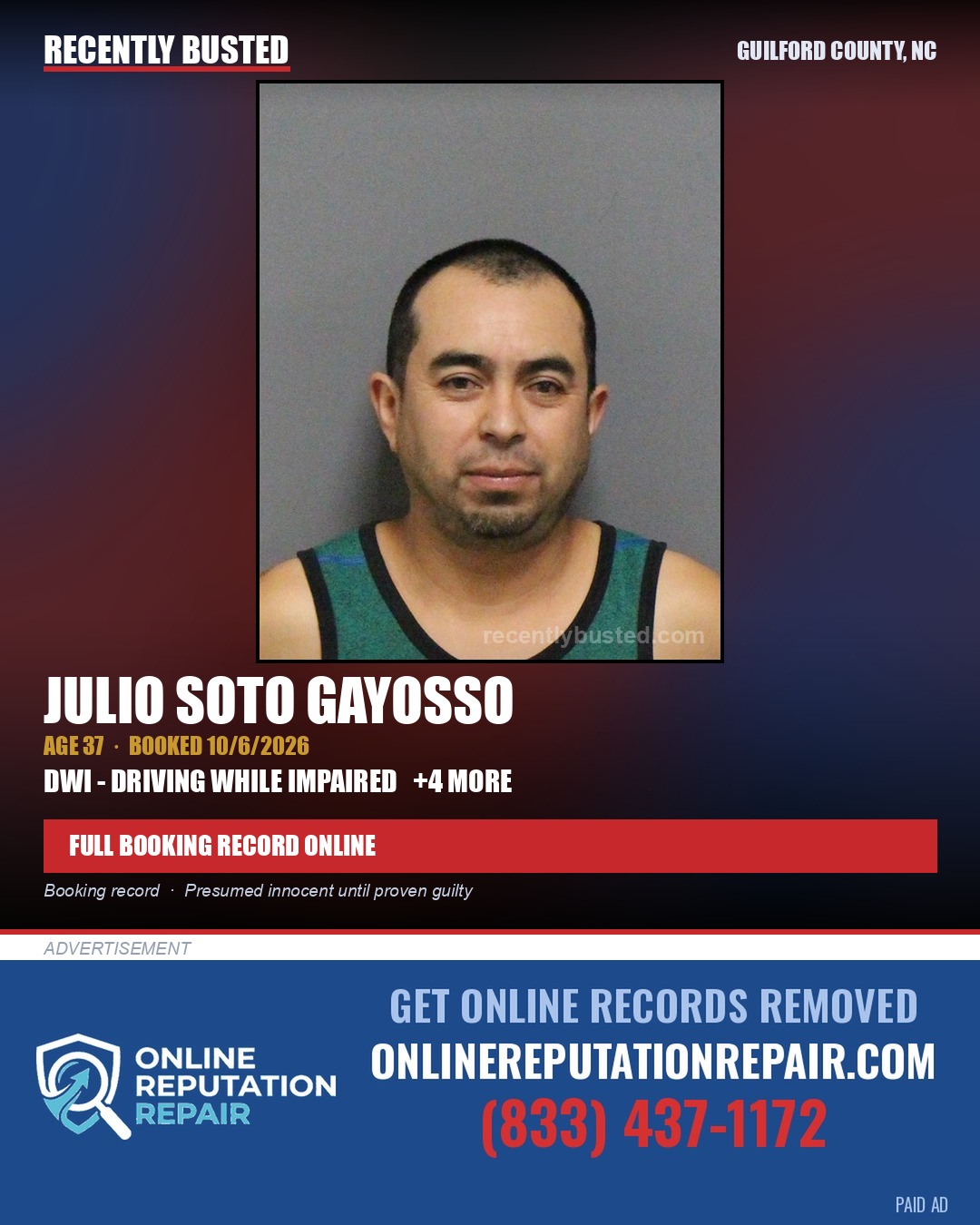 JULIO SOTO GAYOSSO — arrest record card, Guilford County, North Carolina