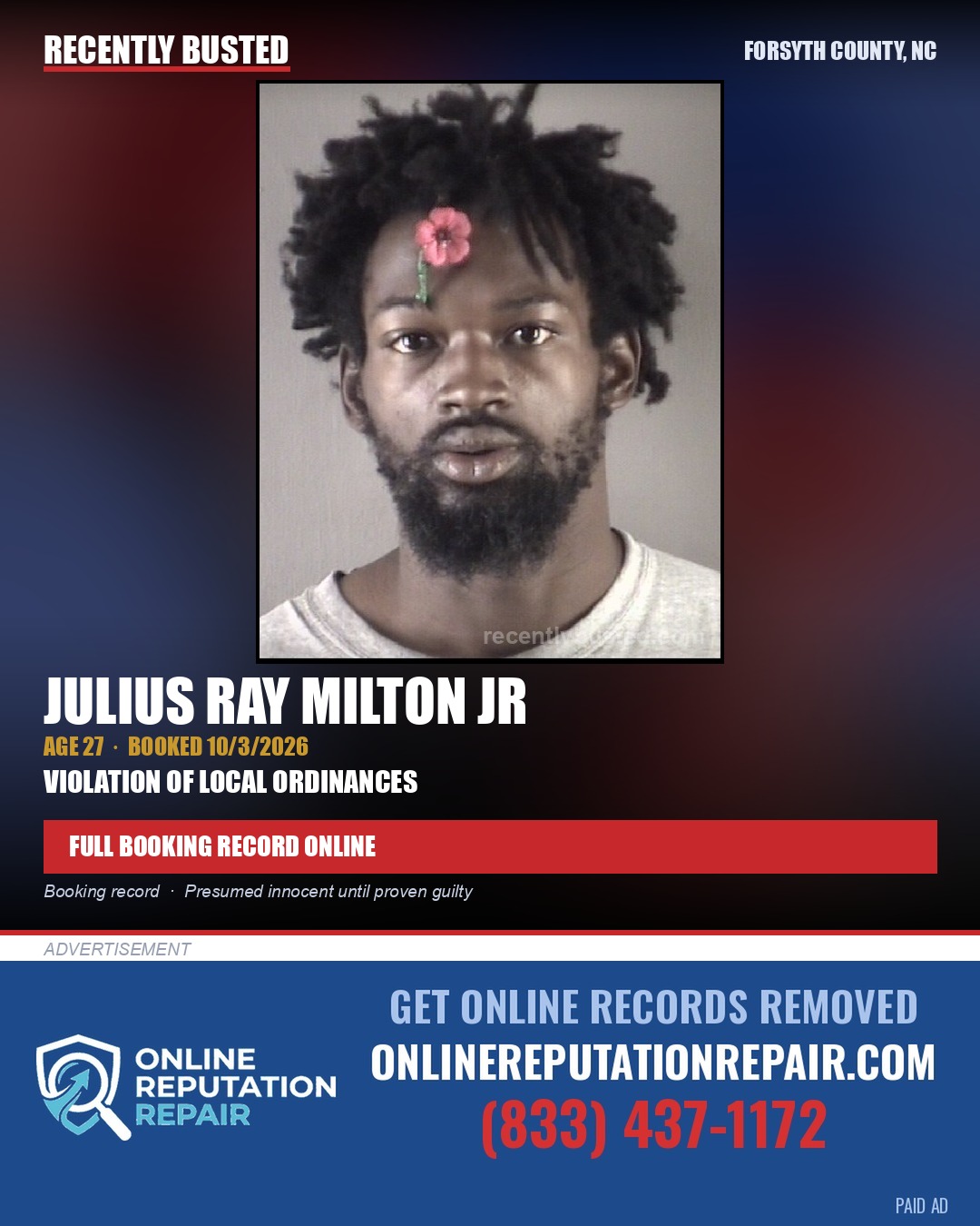 JULIUS RAY MILTON JR — arrest record card, Forsyth County, North Carolina