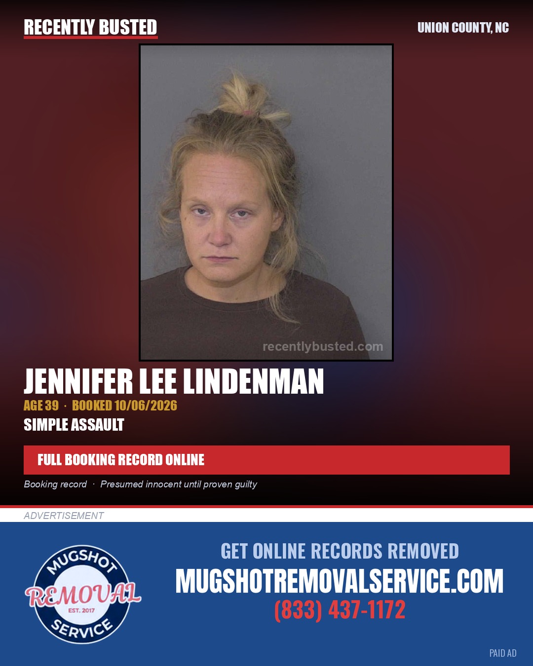 LINDENMAN, JENNIFER LEE — arrest record card, Union County, North Carolina