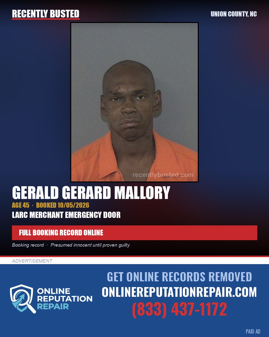 MALLORY, GERALD GERARD — arrest record card, Union County, North Carolina