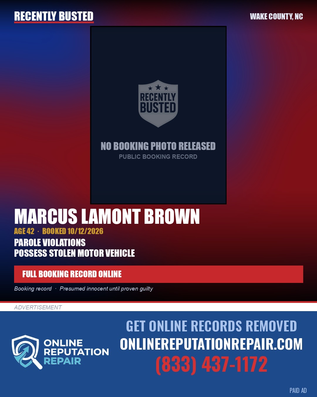 MARCUS LAMONT BROWN — arrest record card, Wake County, North Carolina