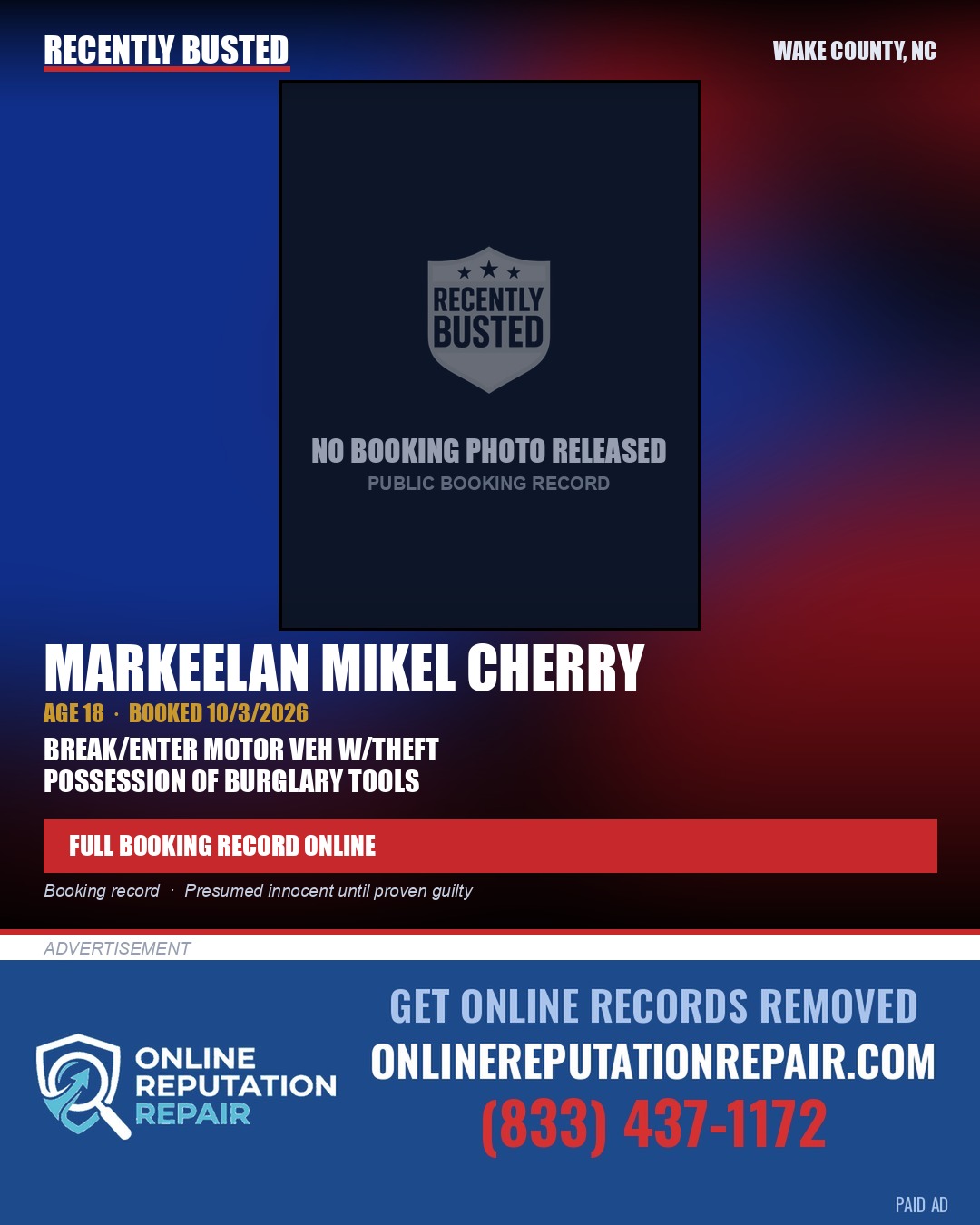 MARKEELAN MIKEL CHERRY — arrest record card, Wake County, North Carolina