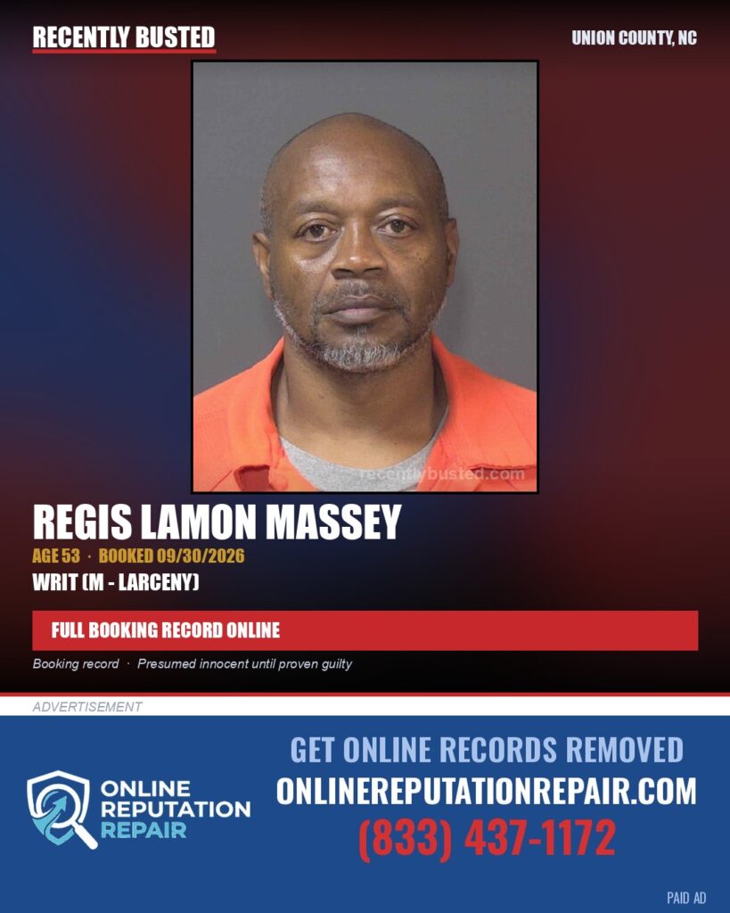 MASSEY, REGIS LAMON — arrest record card, Union County, North Carolina