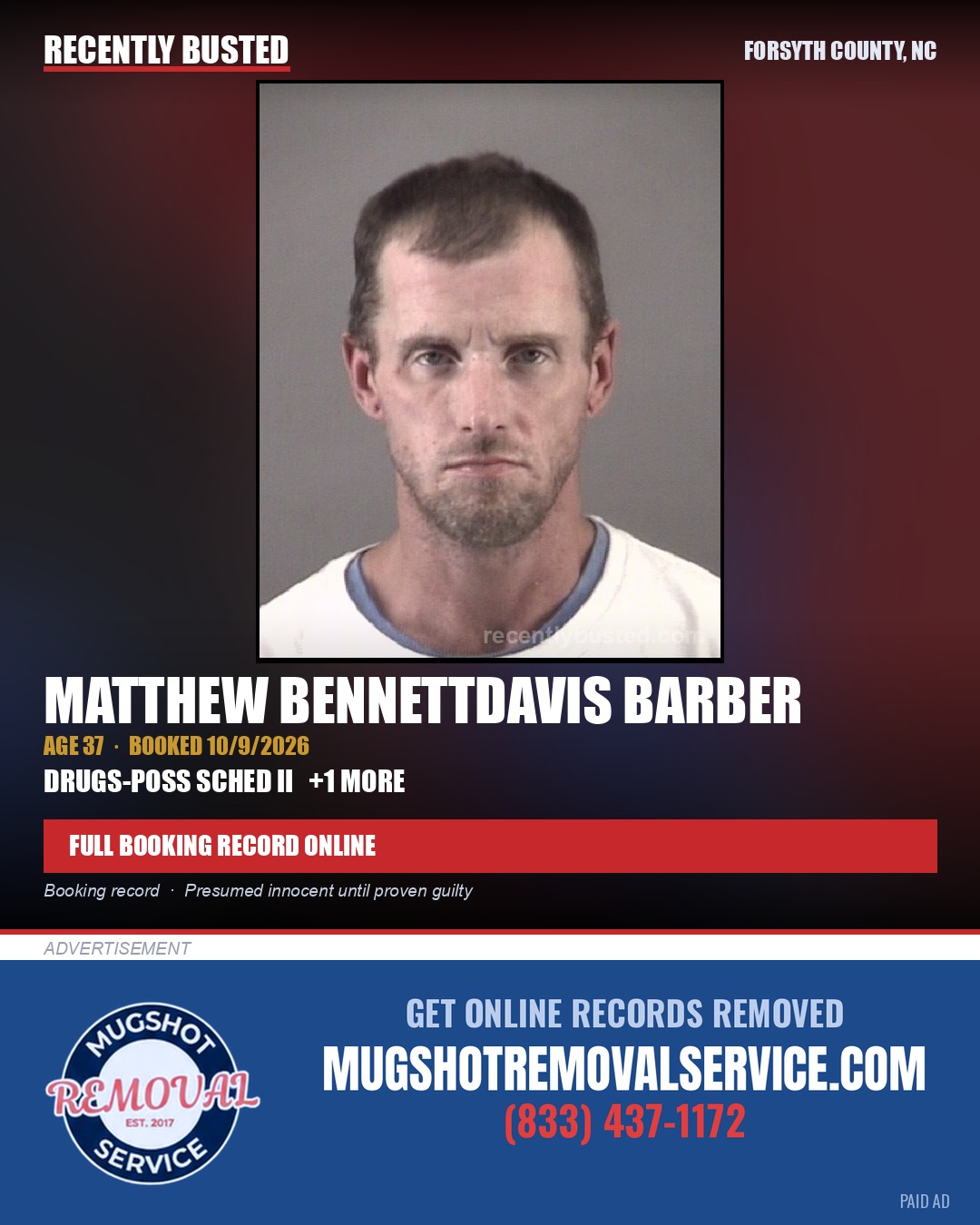 MATTHEW BENNETTDAVIS BARBER — arrest record card, Forsyth County, North Carolina